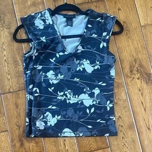 The Limited Navy Floral V-Neck Tank with Gray and Light Blue Flowers